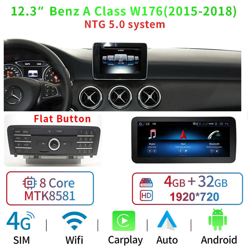 Central multimidia 12.3 " para Mercedes Classe A CLA GLA W176 C117 X156 WIFI SIM 8 Core 1920*720 Carplay GPS Navi Stereo