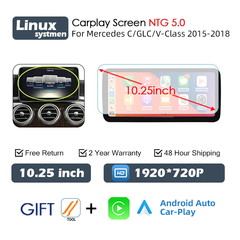 Central multimidia Wireless Carplay para Mercedes Classe CW205 GLC X253 C180 C200 300 350 2015-2018