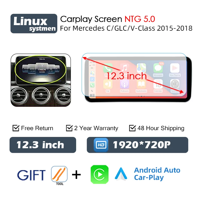 Central multimidia Wireless Carplay para Mercedes Classe CW205 GLC X253 C180 C200 300 350 2015-2018