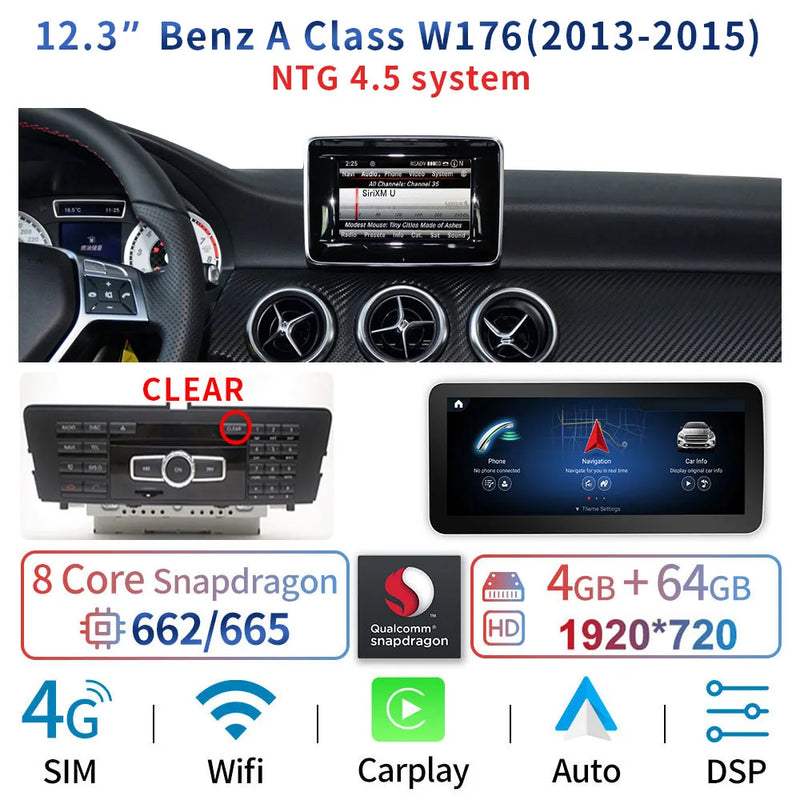 Central multimidia 12.3 " para Mercedes Classe A CLA GLA W176 C117 X156 WIFI SIM 8 Core 1920*720 Carplay GPS Navi Stereo