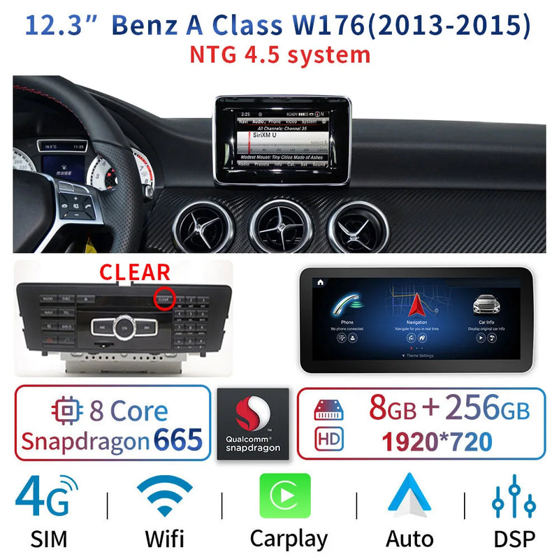 Central multimidia 12.3 " para Mercedes Classe A CLA GLA W176 C117 X156 WIFI SIM 8 Core 1920*720 Carplay GPS Navi Stereo