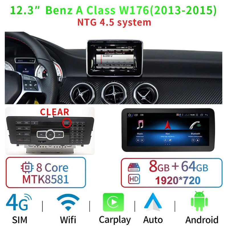Central multimidia 12.3 " para Mercedes Classe A CLA GLA W176 C117 X156 WIFI SIM 8 Core 1920*720 Carplay GPS Navi Stereo